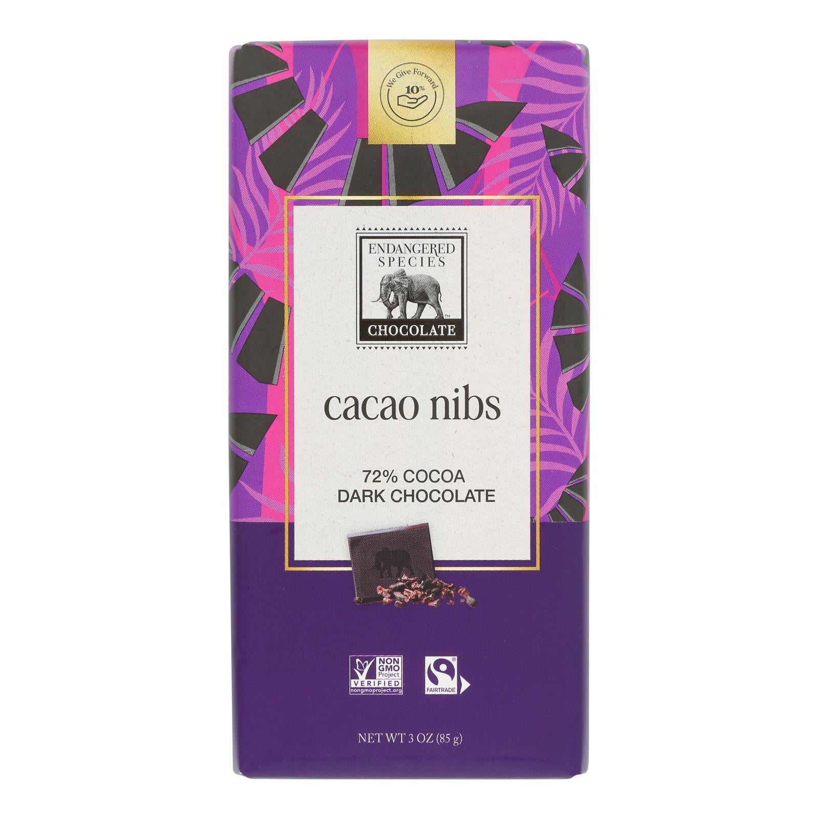 Endangered Species Natural Chocolate Bars - Dark Chocolate - 72 Percent Cocoa - Cacao Nibs - 3 oz Bars - Case of 12
