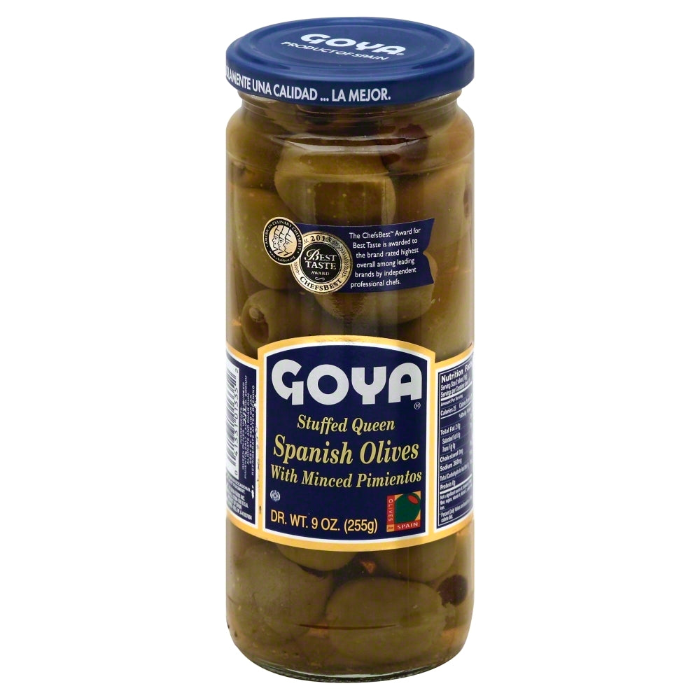 Goya Stuffed Queen Spanish Olives with Minced Pimientos - Case of 12 - 9 oz