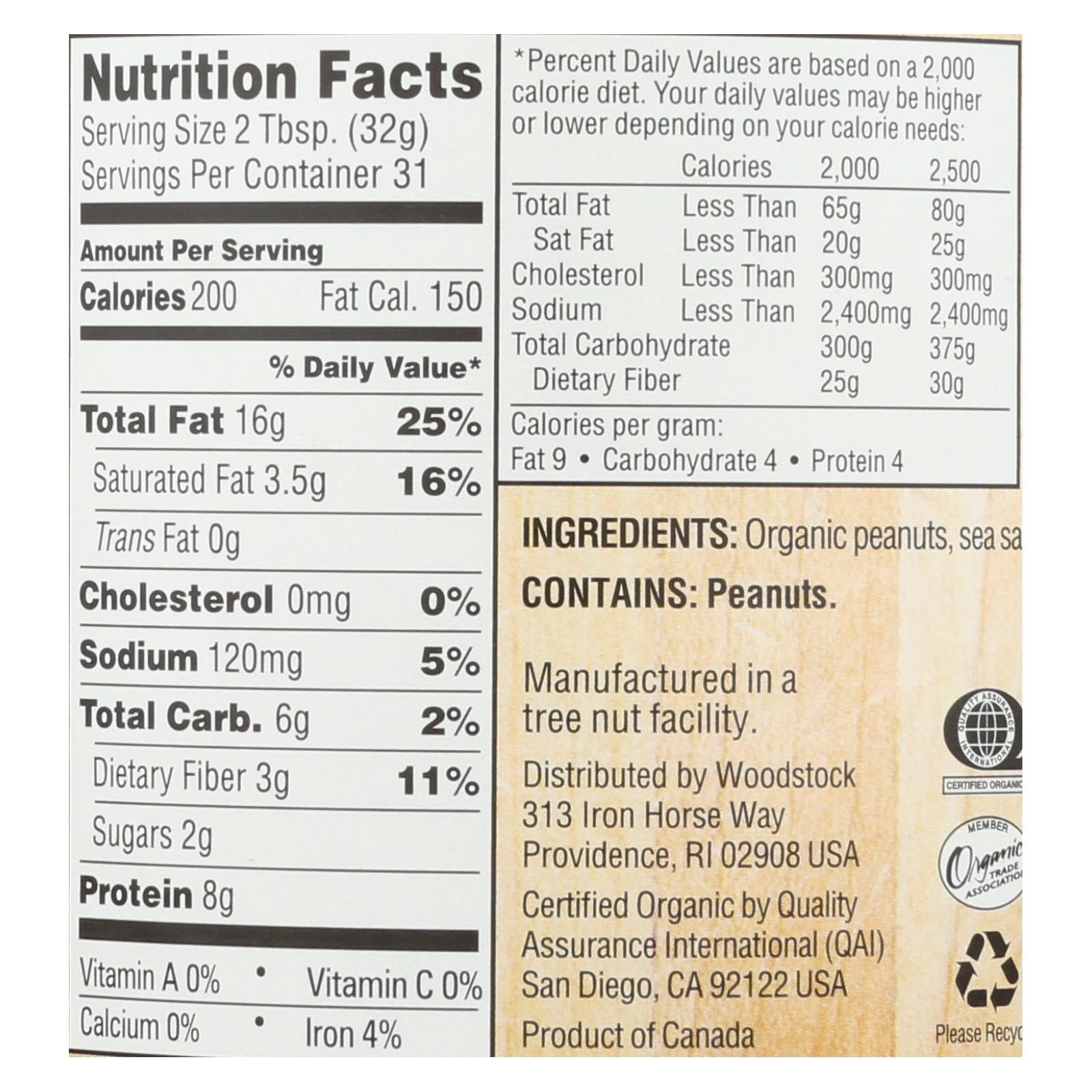 Woodstock Organic Crunchy Peanut Butter, 12 Pack - 35 Oz