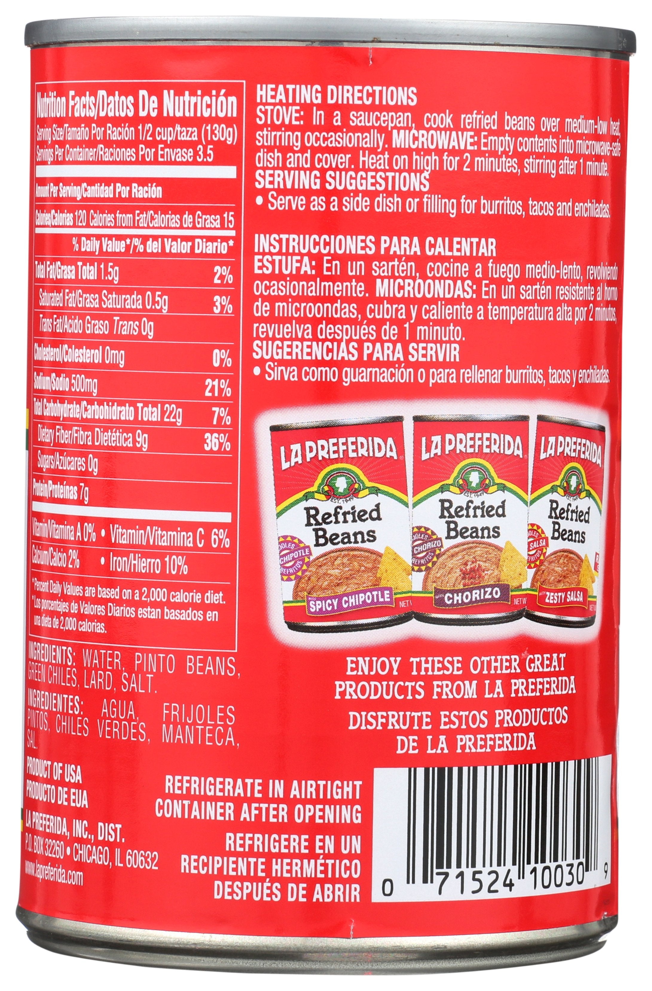LA PREFERIDA BEAN REFRIED GRN CHILIES - Case of 12