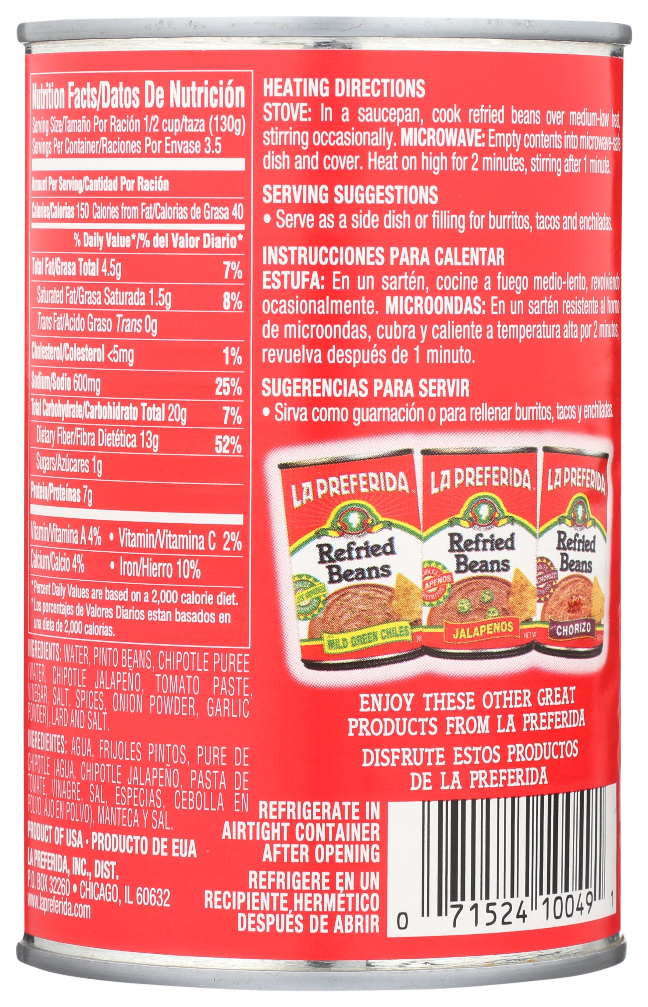 LA PREFERIDA BEAN REFRIED CHPLTE - Case of 12