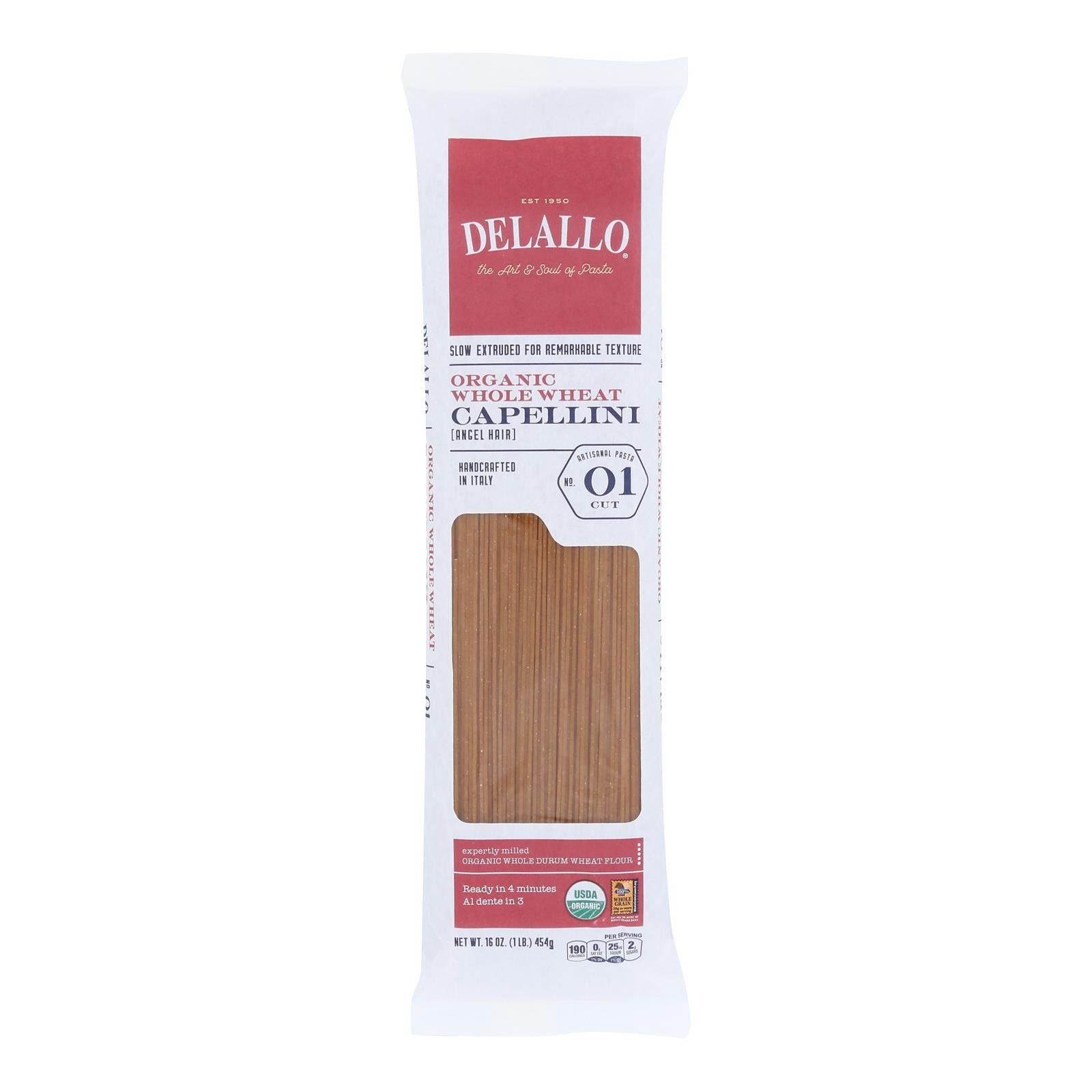 Delallo - Organic Whole Wheat Capellini Pasta - Case of 16 - 1 lb.