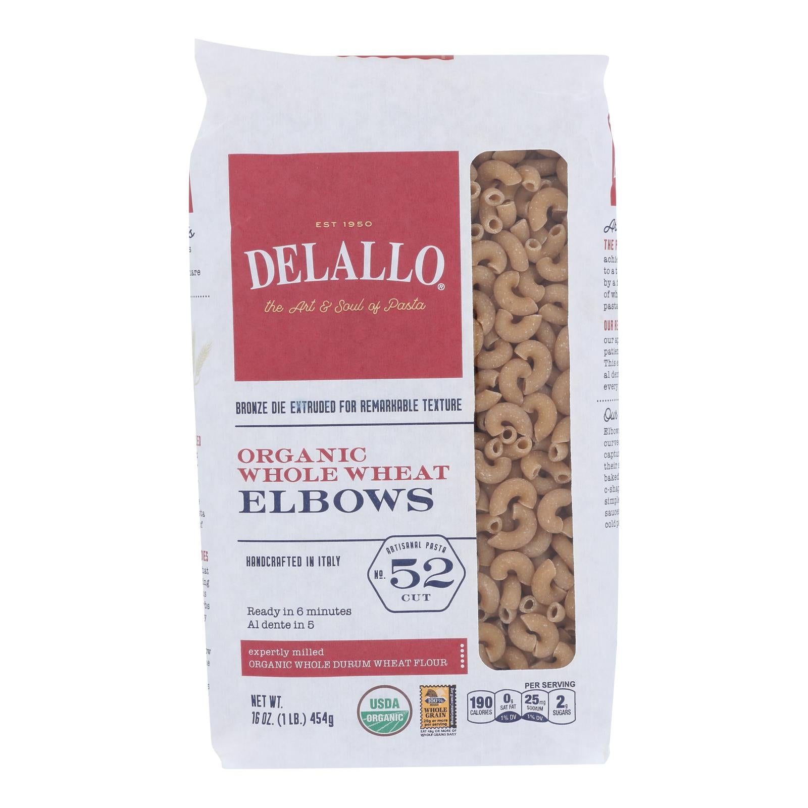 Delallo - Pasta Organic Elbows Whole Wheat #52 - Case of 12-16 Ounces