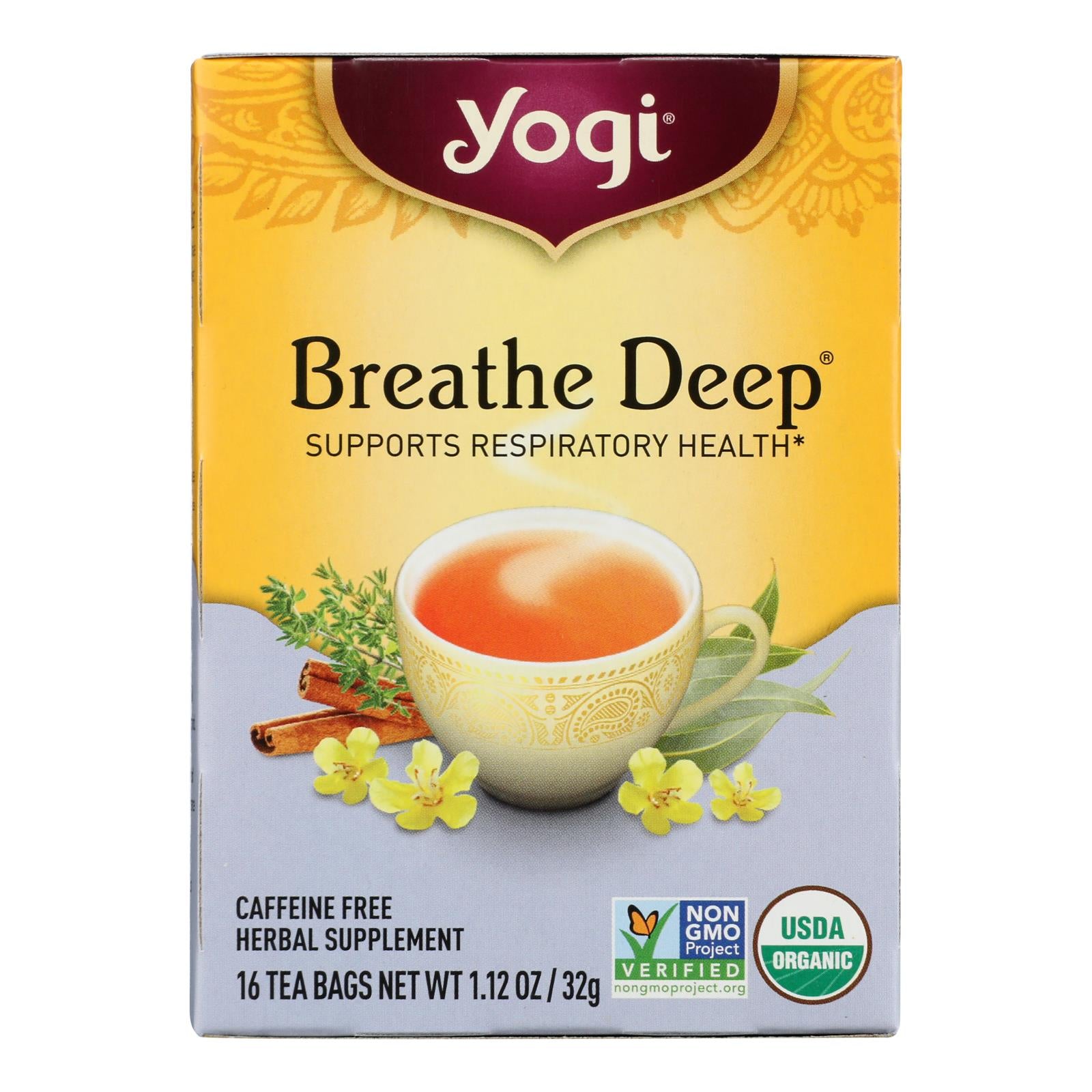 Yogi Organic Breathe Deep Herbal Tea Caffeine Free - 16 Tea Bags - Case Of 6