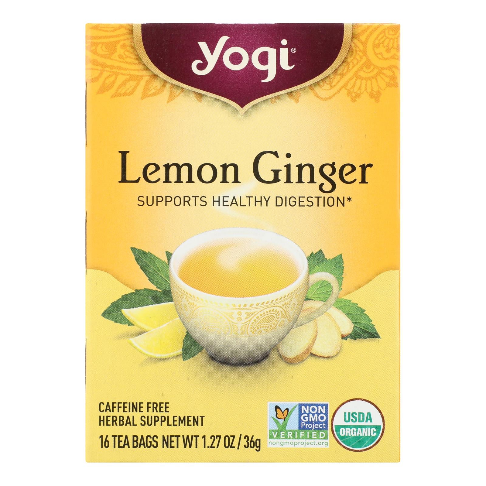 Yogi 100% Natural Herbal Tea Caffeine Free Lemon Ginger - 16 Tea Bags - Case Of 6