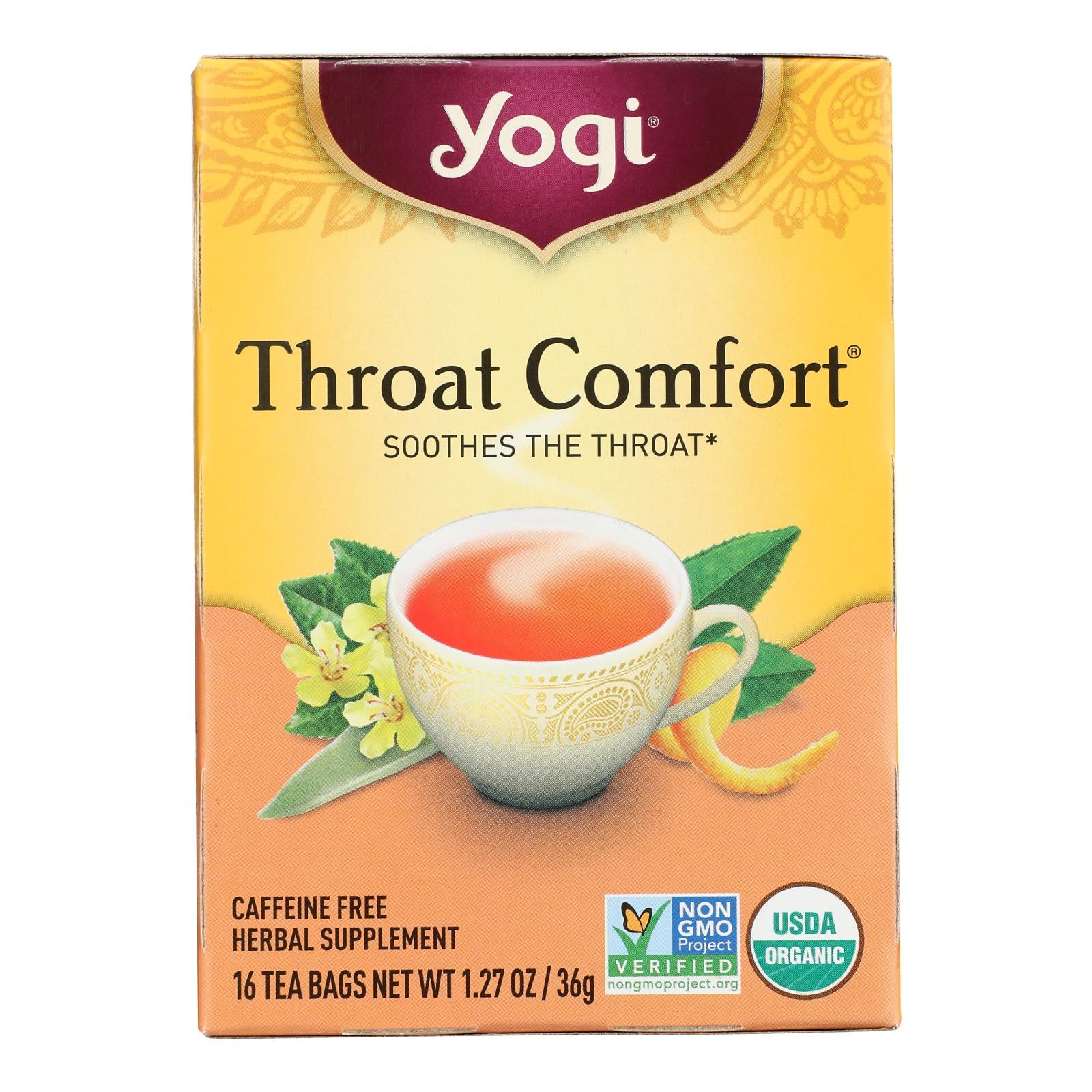 Yogi Organic Throat Comfort Herbal Tea Caffeine Free - 16 Tea Bags - Case Of 6