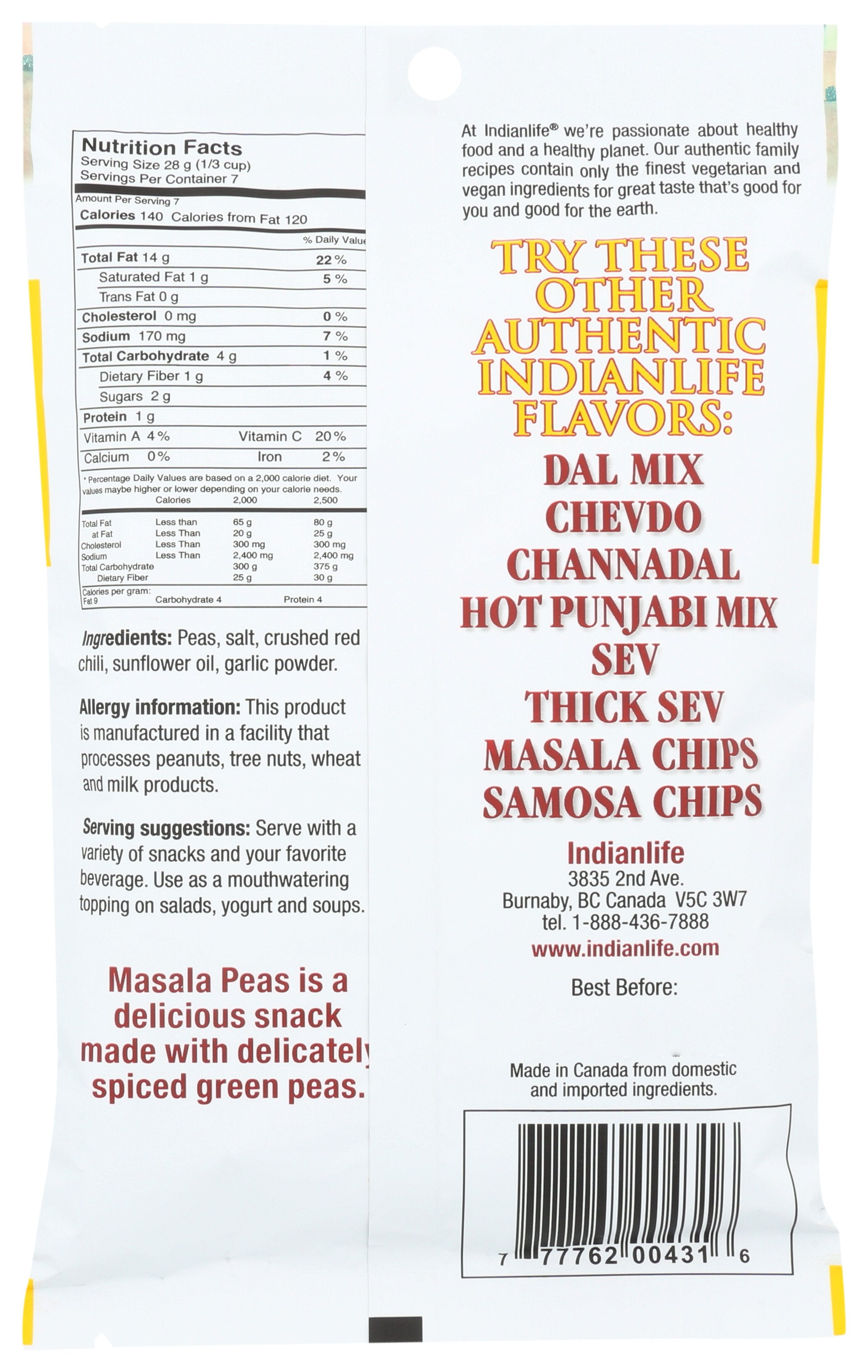 INDIANLIFE MIX SNACK PEAS MASALA - Case of 8