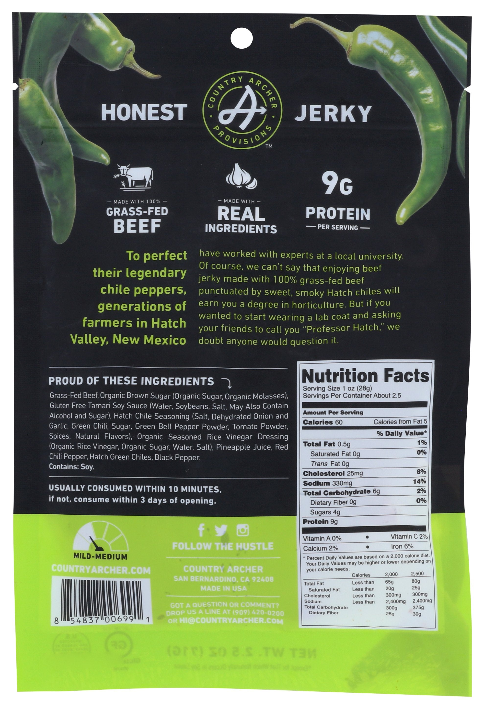 COUNTRY ARCHER JERKY BEEF HATCH CHILE - Case of 12