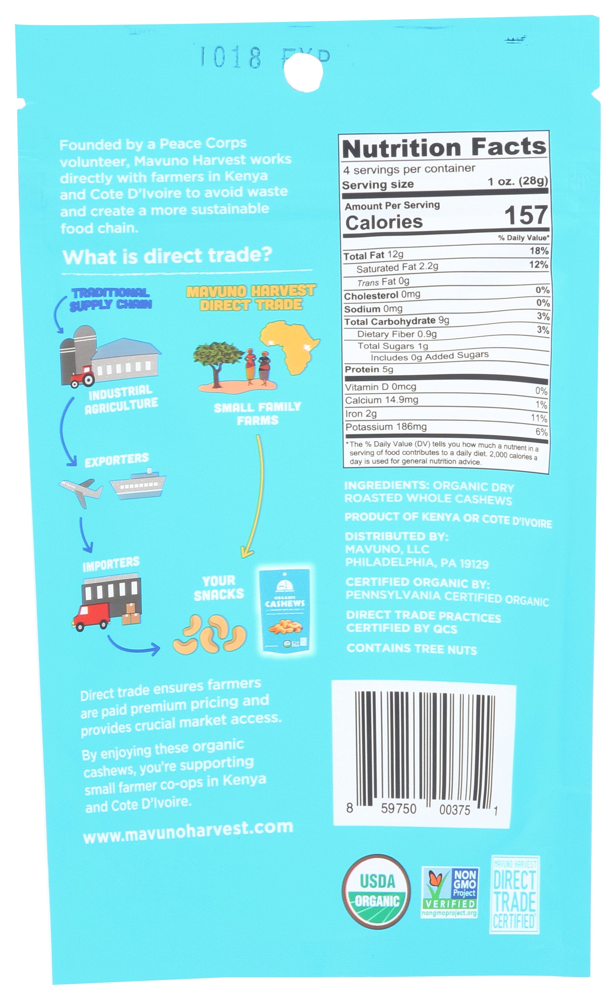 MAVUNO HARVEST NUTS CHASHEW RSTD ORG - Case of 6