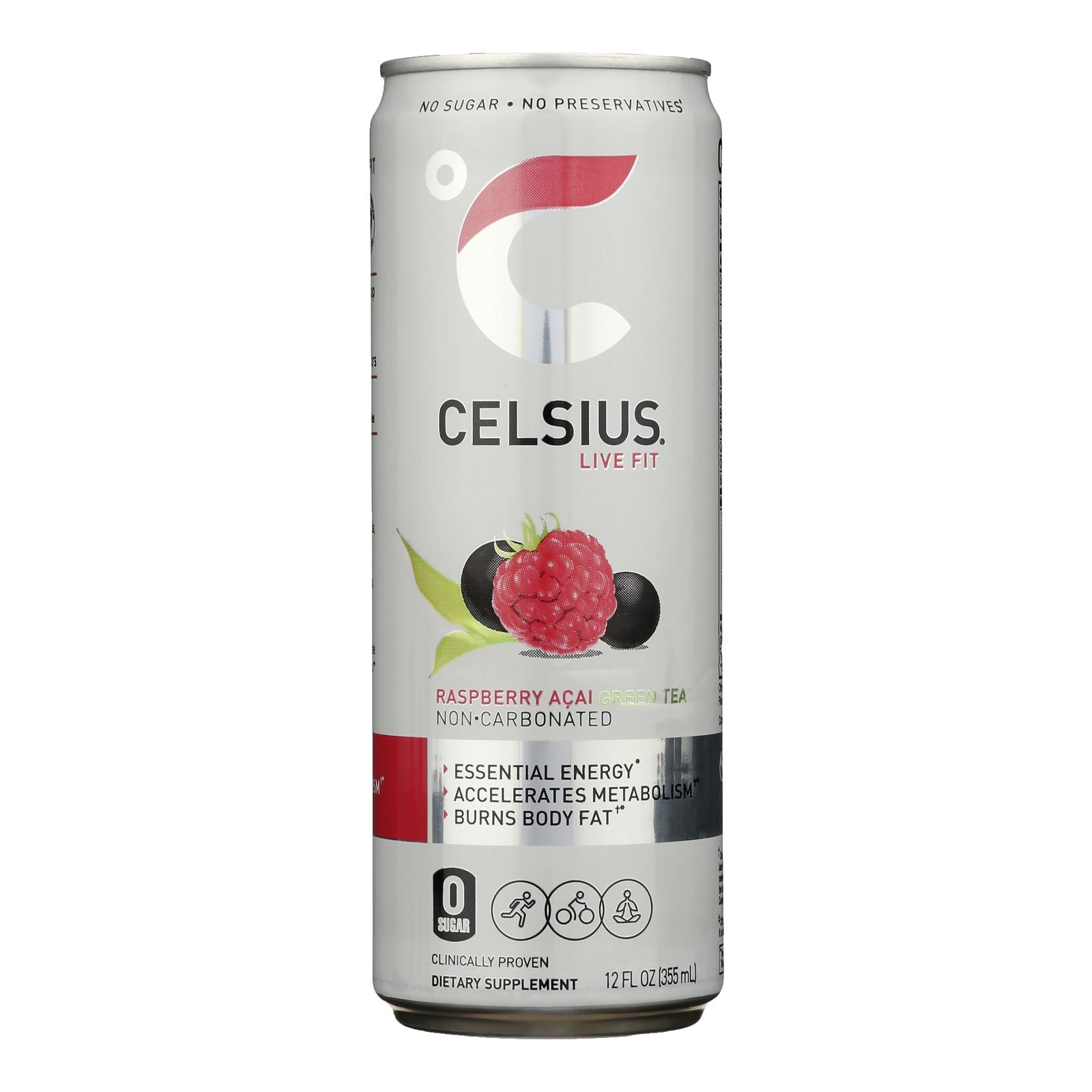 Celsius Non-Carbonated Raspberry Acai Green Tea Dietary Supplement - Case of 12 - 12 FZ