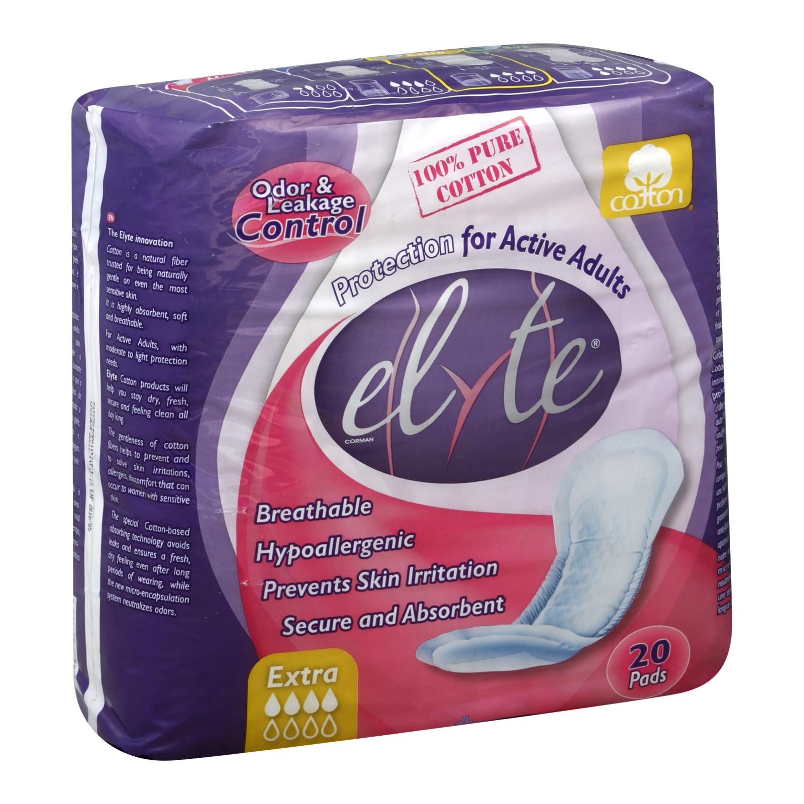 Elyte Light Cotton Incontinence Pads - Extra - 5 in x 13 in - 20 Pack