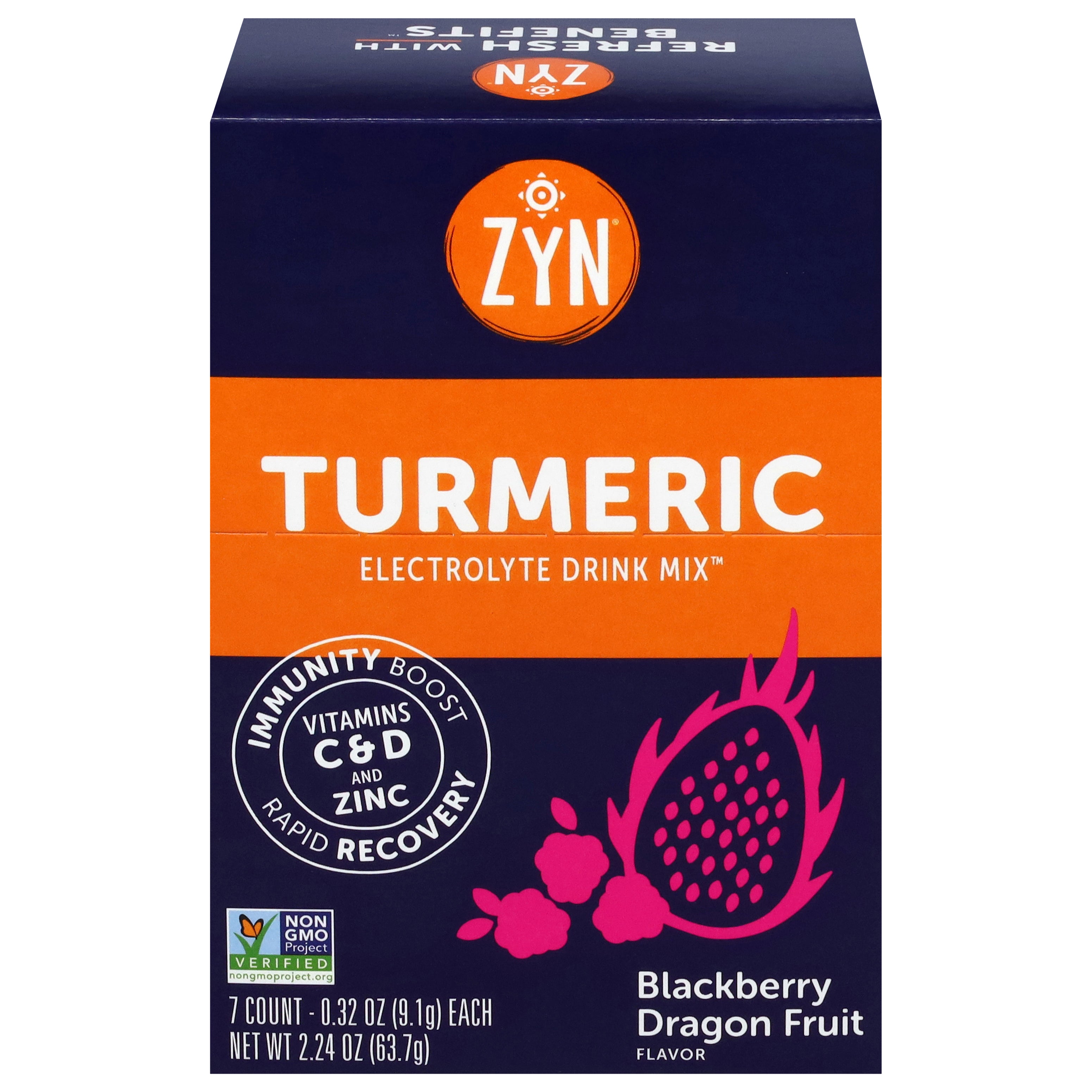 Zyn Turmeric Blackberry Dragon Fruit Flavor Electrolyte Drink Mix 7 - 0.32 oz Packs - Case of 8