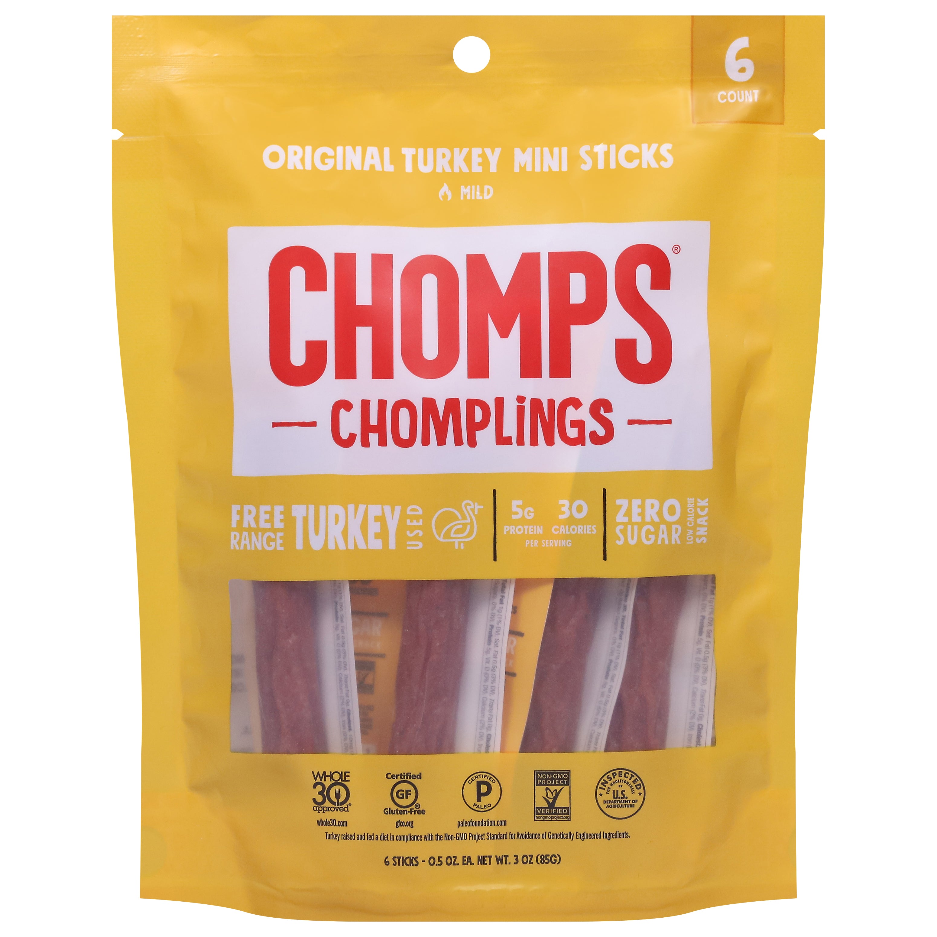 Chomps Chomplings Mini Mild Original Turkey Sticks 6 - 0.5 oz Sticks - Case of 10