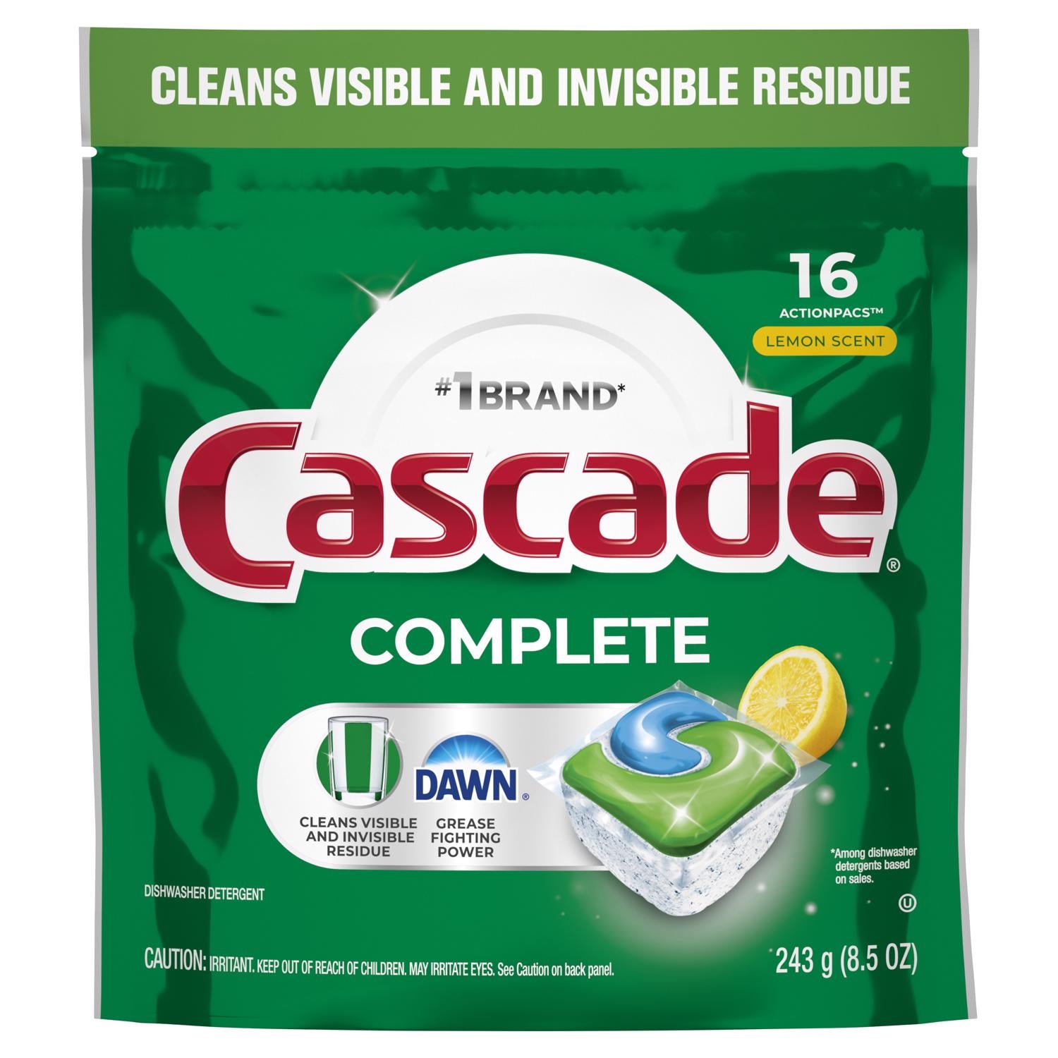 Cascade Complete Lemon Scent Pods Dishwasher Detergent 8.5 oz 16 pk - Case of 5