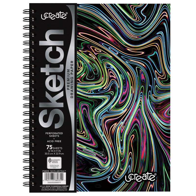 Fashion Poly Sketch Book, 9" x 12", 75 Sheets, Neon Abstract Design