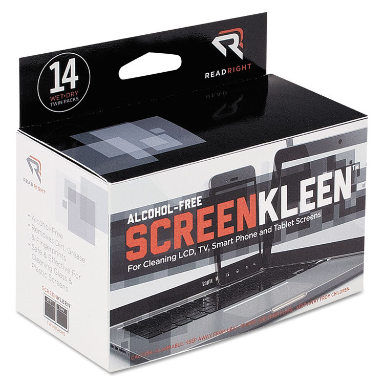 Read Right - ScreenKleen Alcohol-Free Wipes, Cloth, 5 x 5, 14/Box