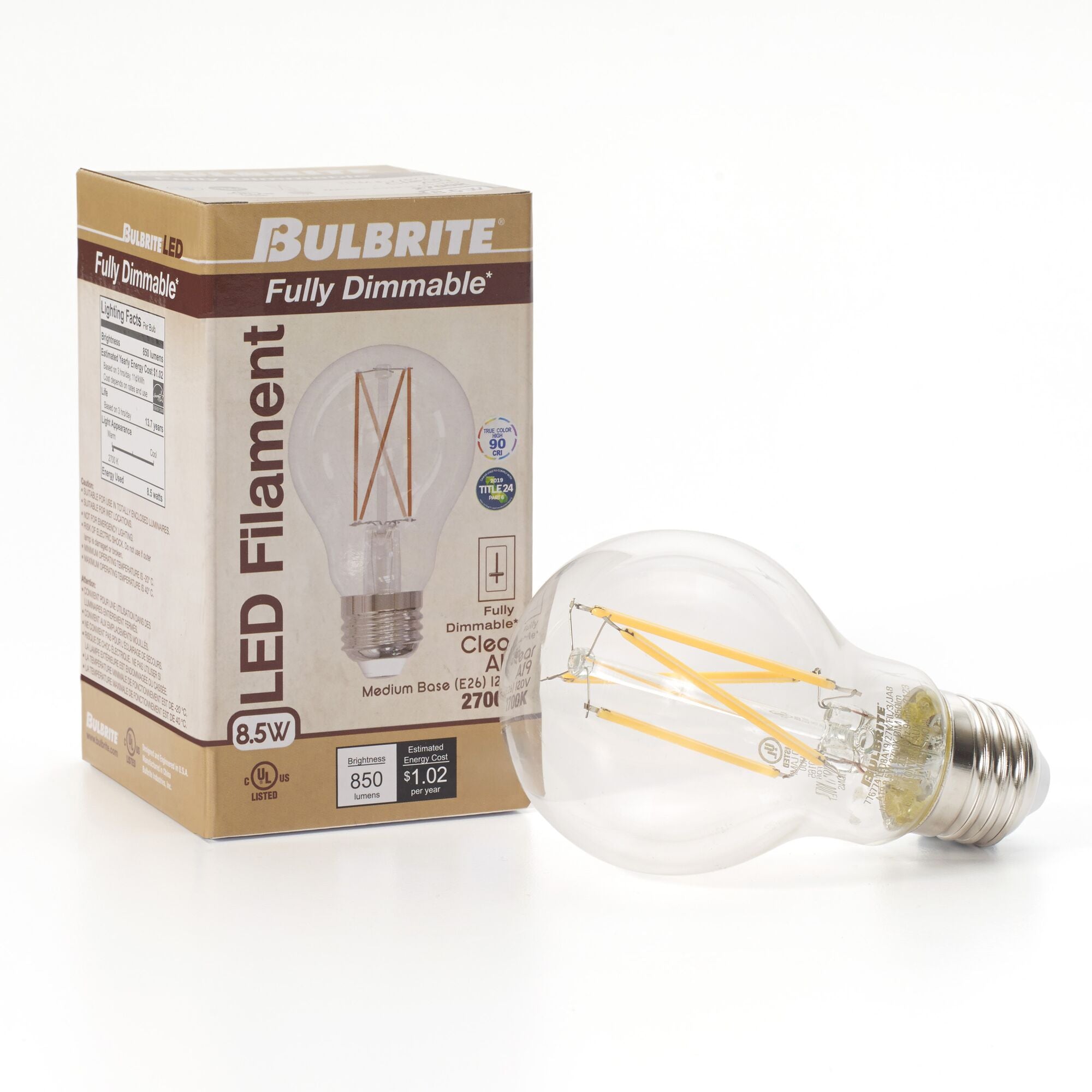 Bulbrite - 8.5W LED A19 2700K FILAMENT FULLY COMPATIBLE DIMMING JA8