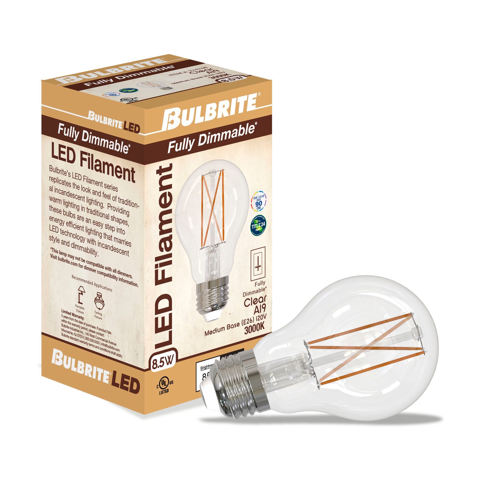 Bulbrite - 8.5W LED A19 3000K FILAMENT FULLY COMPATIBLE DIMMING JA8