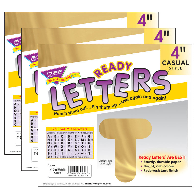 TREND - Gold Metallic 4" Casual Uppercase Ready Letters®, 71 Per Pack, 3 Packs