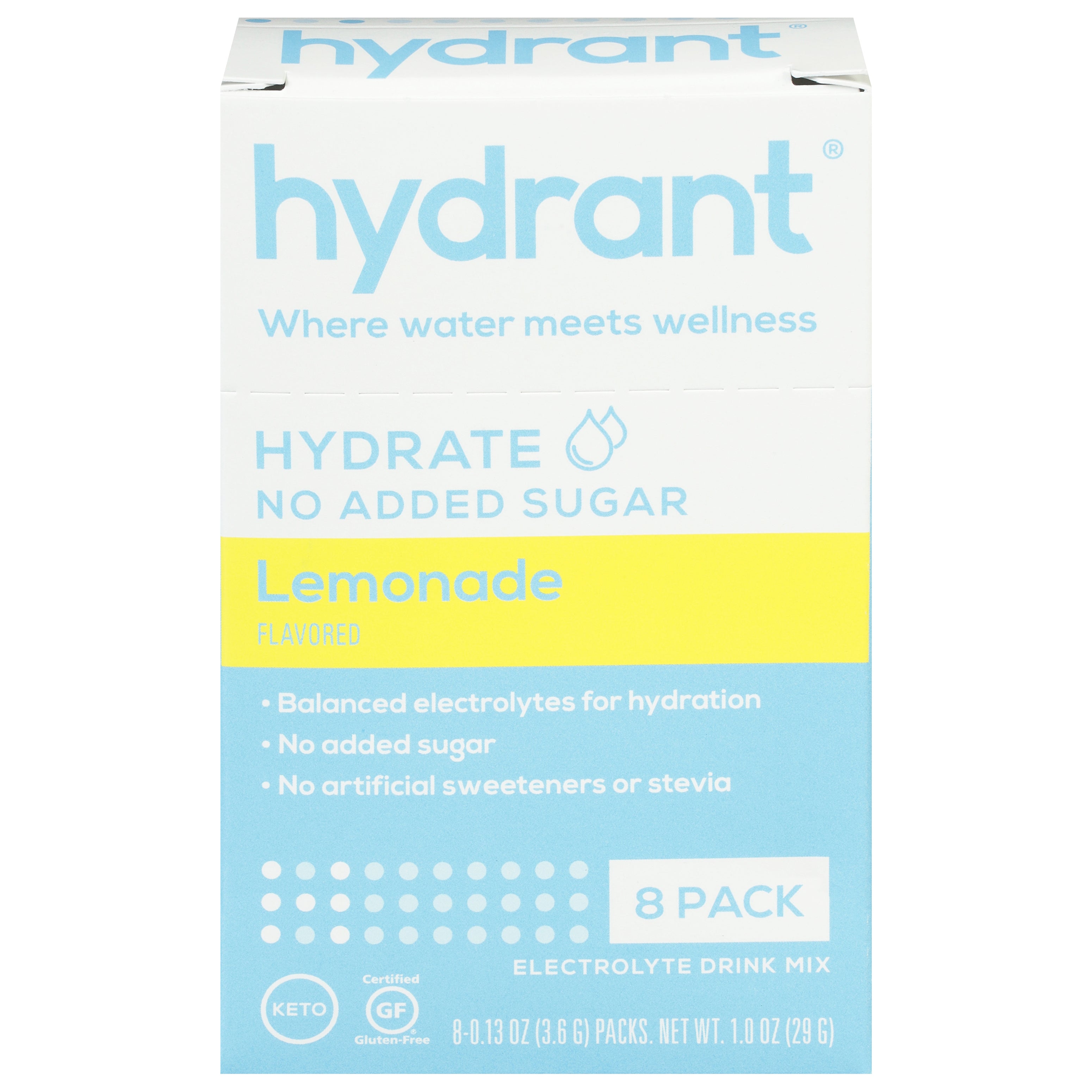 Hydrant Hydrate No Added Sugar Lemonade Flavored Electrolyte Drink Mix 8 - 0.13 oz Packs - Case of 1