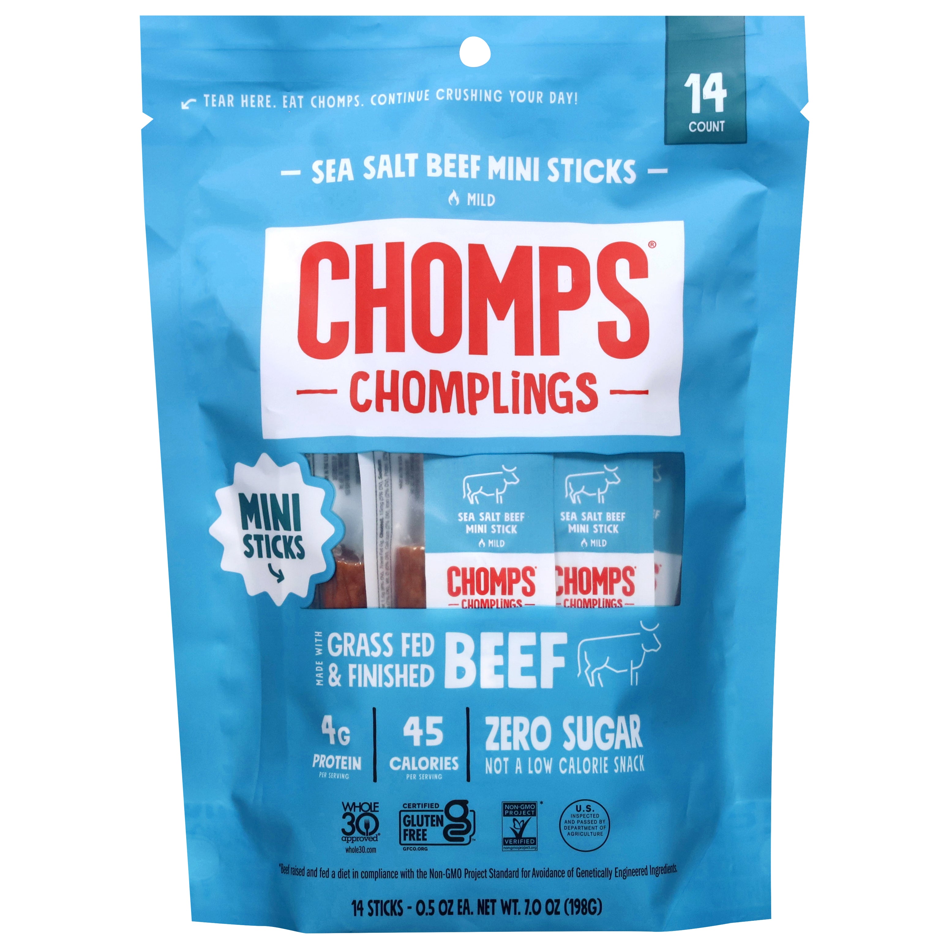 Chomps Chomplings Mild Sea Salt Mini Beef Sticks 14 - 0.5 oz Sticks - Case of 7