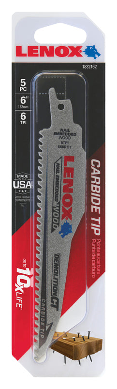 LENOX - Lenox Demolition CT 6 in. Carbide Tipped Reciprocating Saw Blade 6 TPI 5 pk