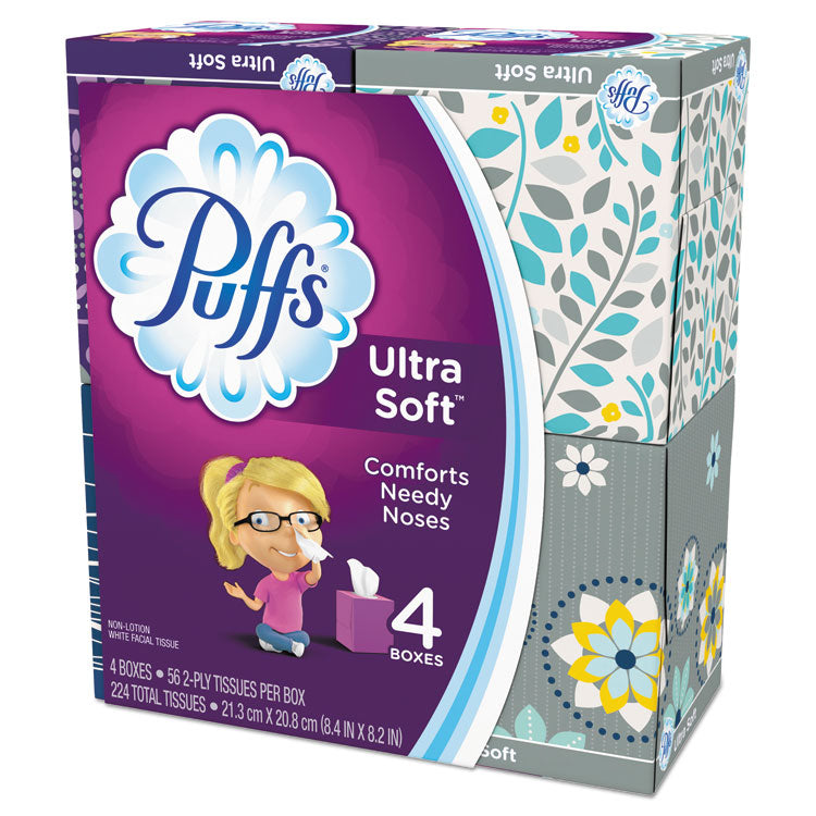 Puffs - Ultra Soft Facial Tissue, 2-Ply, White, 56 Sheets/Box, 4 Boxes/Pack