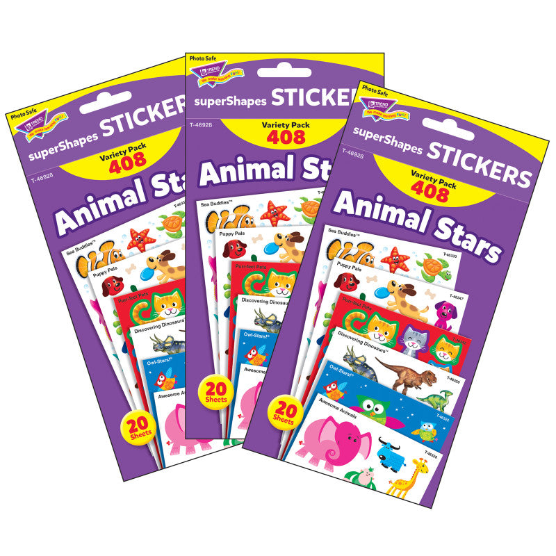 TREND - Animal Stars superShapes Stickers-Large Variety Pack, 408 Per Pack, 3 Packs
