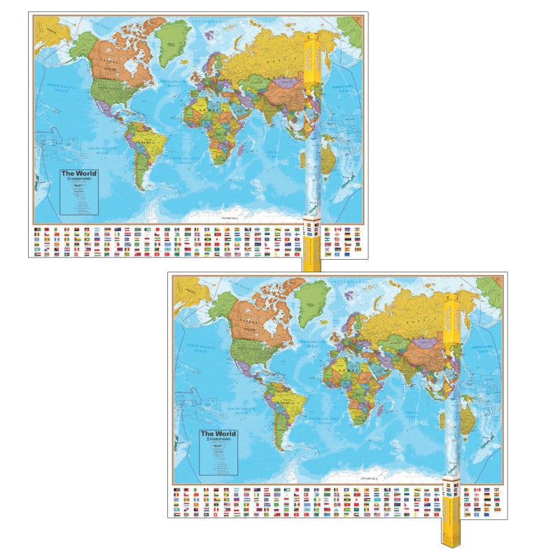 HEMISPHERES - Blue Ocean Series World Laminated Wall Map, 38" x 51", Pack of 2