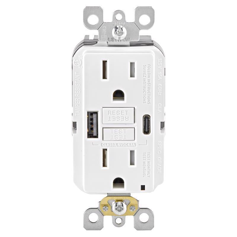 LEVITON - Leviton 15 amps 125 V GFCI White Outlet and USB Charger 5-15 R 1 pk