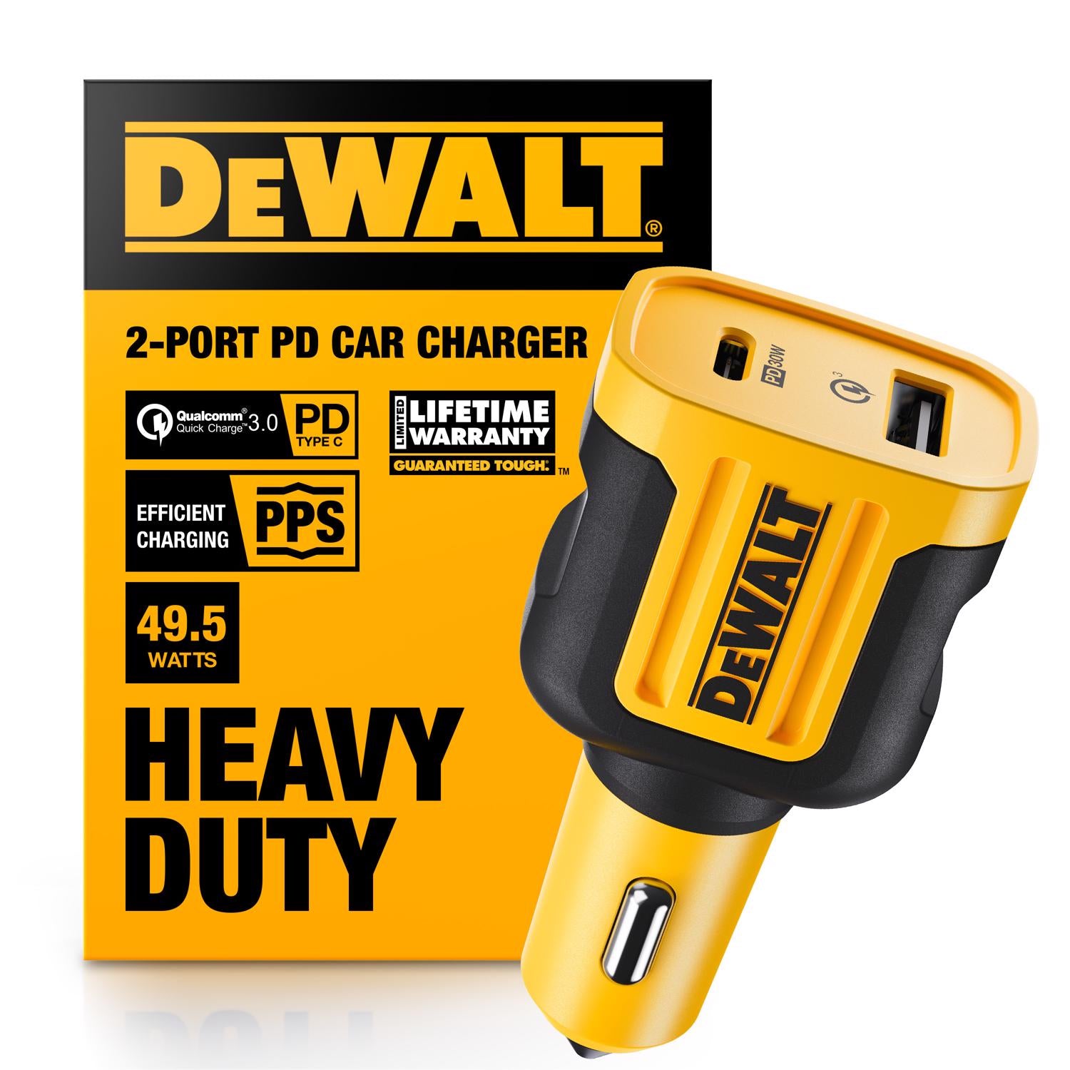 DeWalt Black/Yellow Car Charger 2 Port USB Car Charger For All Mobile Devices