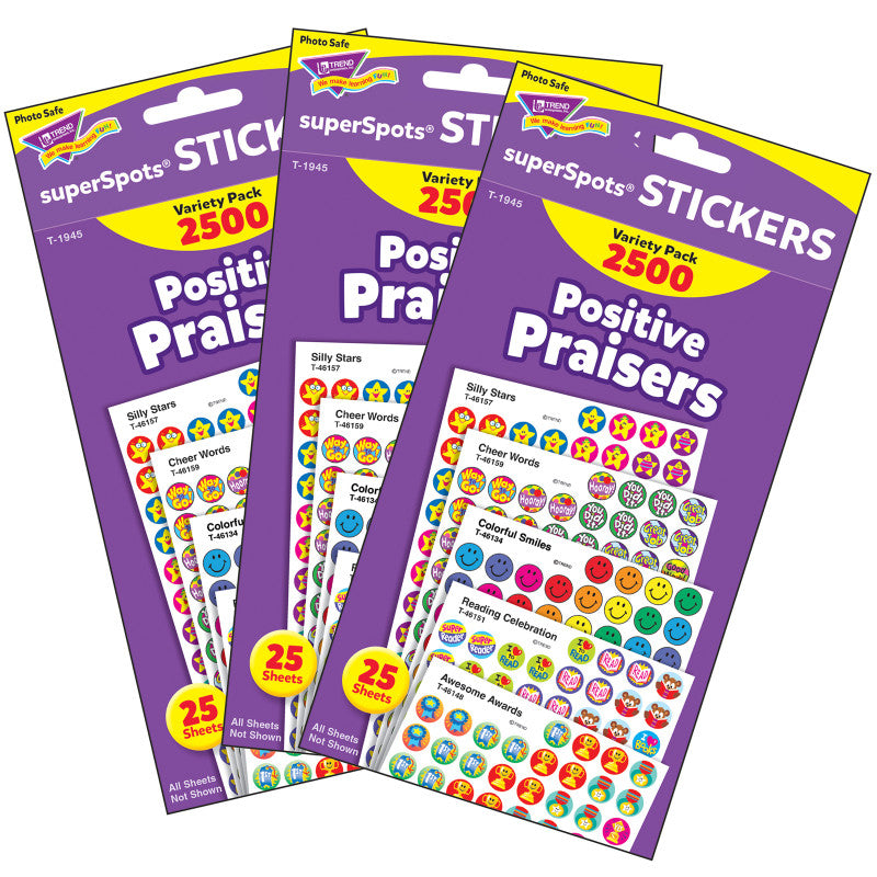 TREND - Positive Praisers superSpots® Stickers Variety Pack, 2500 Per Pack, 3 Packs