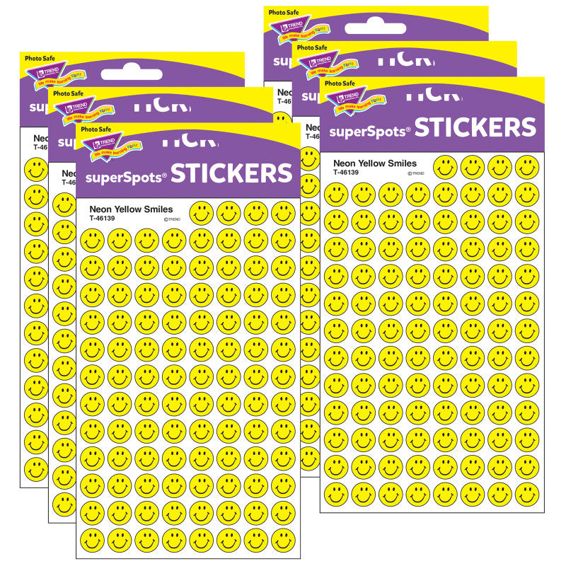 TREND - Neon Yellow Smiles superSpots® Stickers, 800 Per Pack, 6 Packs