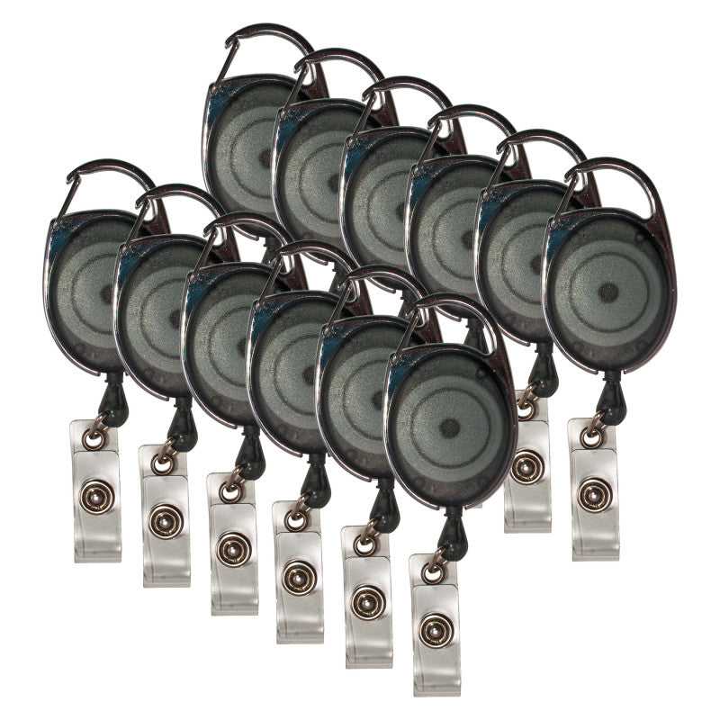 Retractable Carabiner Style Badge Reels with Badge Strap, Smoke, Pack of 12