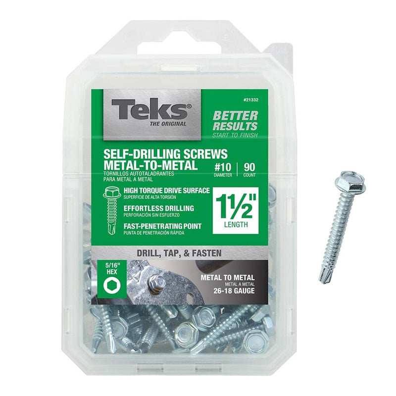 TEKS - Teks No. 10 X 1-1/2 in. L Hex Washer Head Sheet Metal Screws 90 pk
