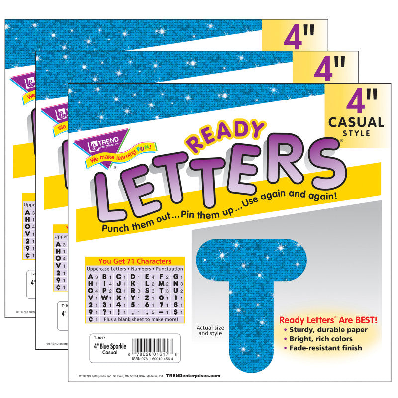 TREND - Blue Sparkle 4" Casual Uppercase Ready Letters®, 71 Per Pack, 3 Packs