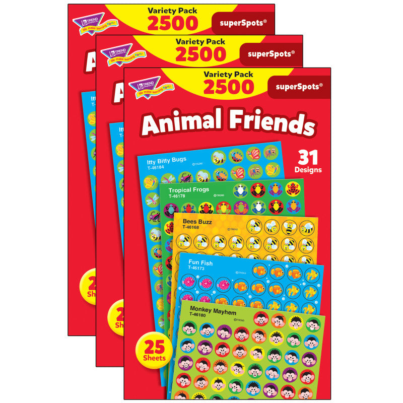 TREND - Animal Friends superSpots® Stickers Variety Pack, 2500 Per Pack, 3 Packs