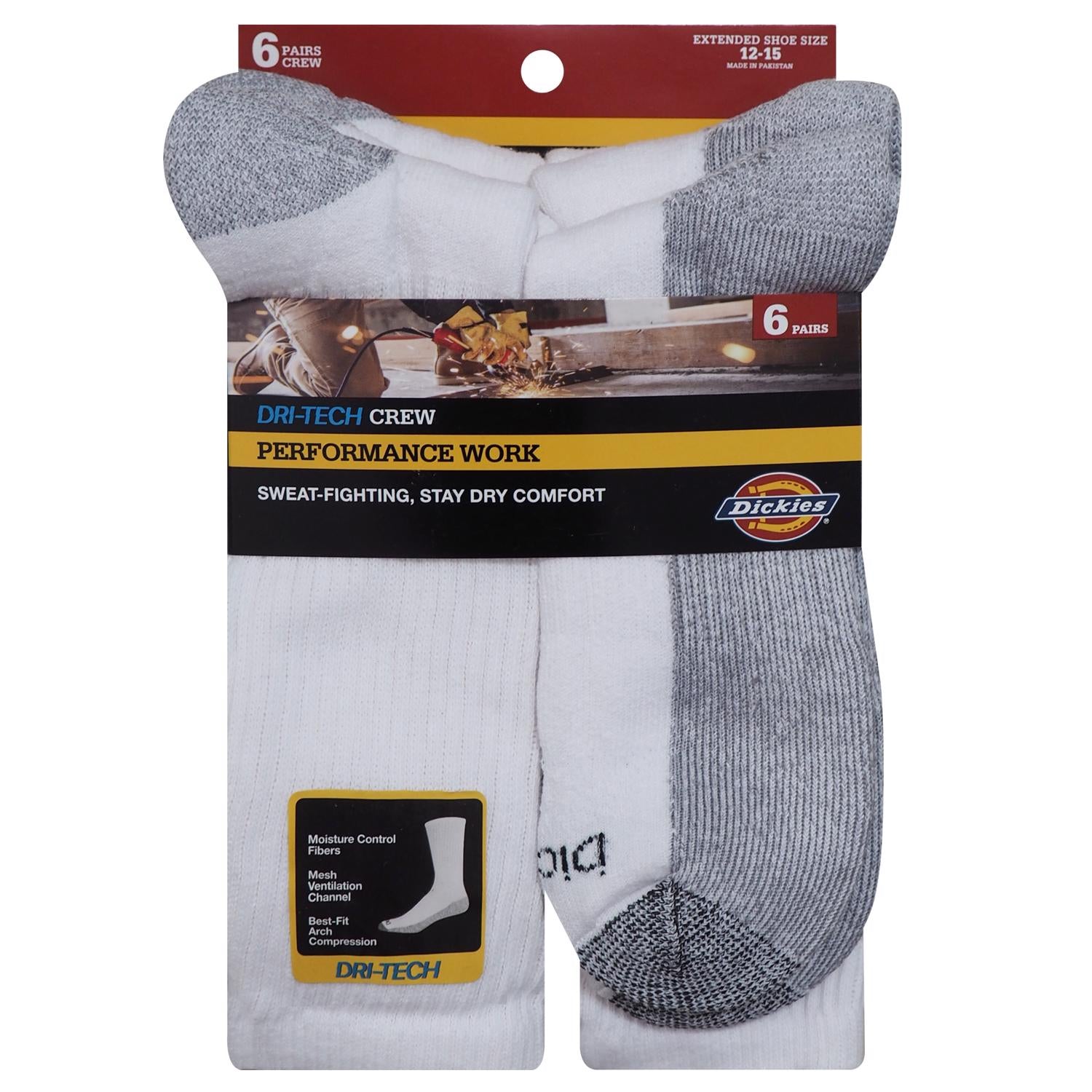 Dickies Dri-Tech Men's 12-15 Crew Socks White - Case of 2