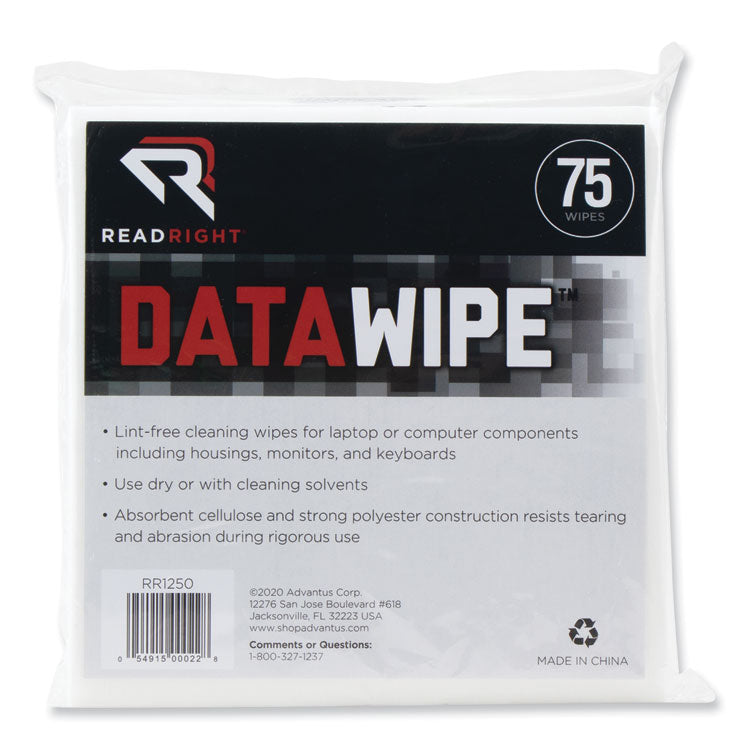 Read Right - DataWipe Office Equipment Cleaner, Cloth, 6 x 6, White, 75/Pack
