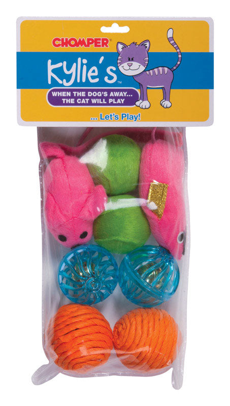 CHOMPER - Chomper Kylies Brights Assorted Plush/Rubber Mouse and Ball Pet Toy Large 8 pc