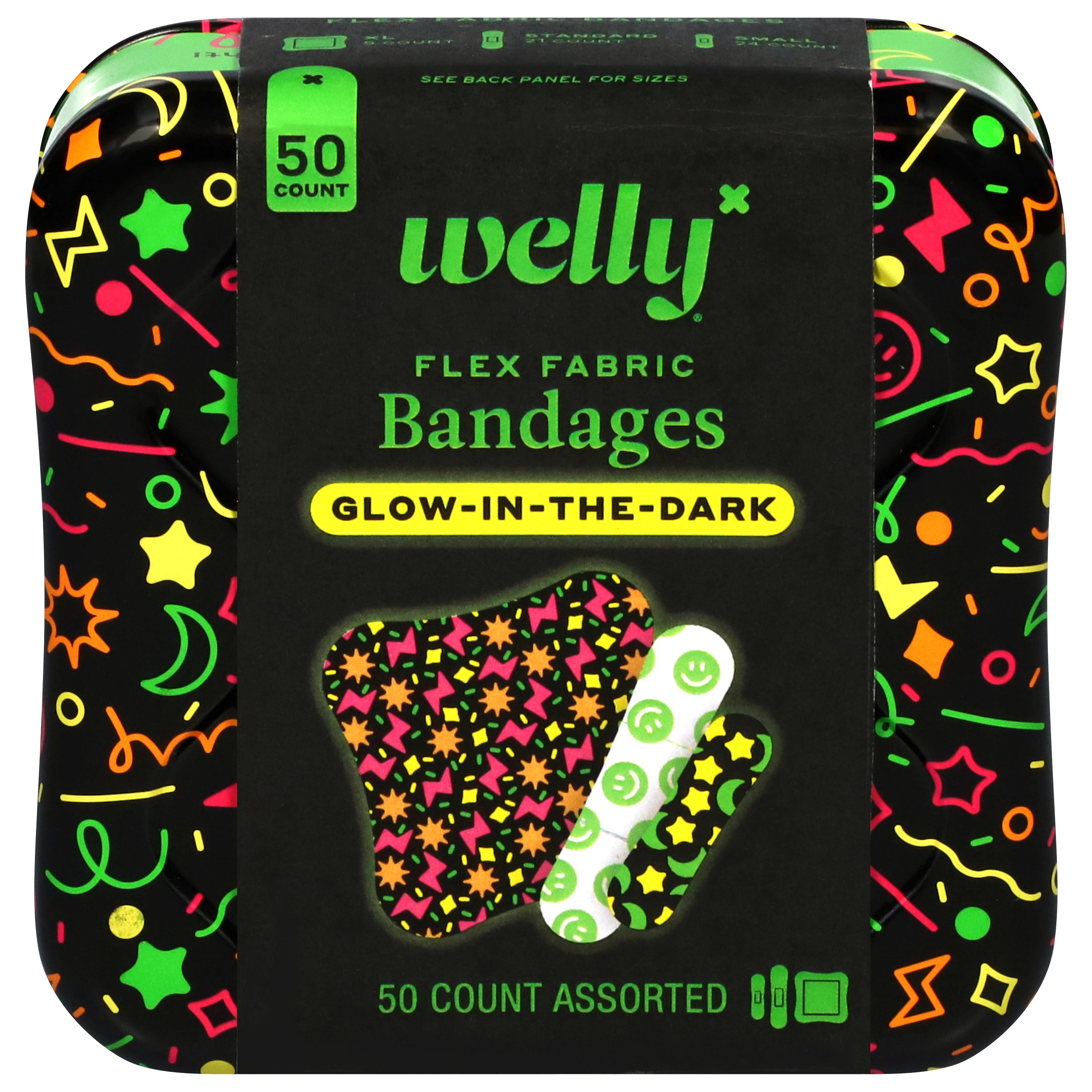 Welly Flex Fabric Glow-in-the-Dark Assorted Bandages 50 Each - Case of 1