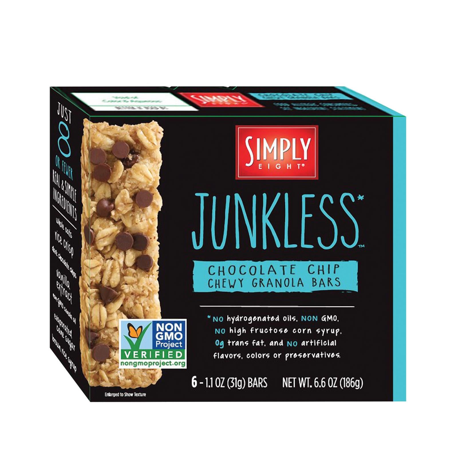 Simply 8 Junkless Granola Bars - Real Chocolate Chip Chewy - Case of 8 - 6.6 oz.