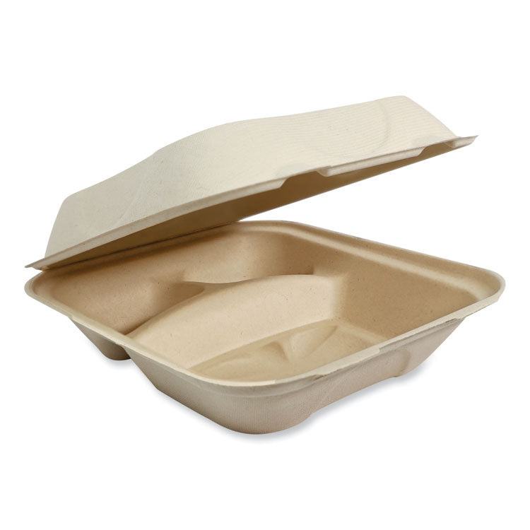 World Centric - Fiber Hinged Containers, 2-Compartment, 8.8 x 8.2 x 2.9, Natural, Paper, 300/Carton