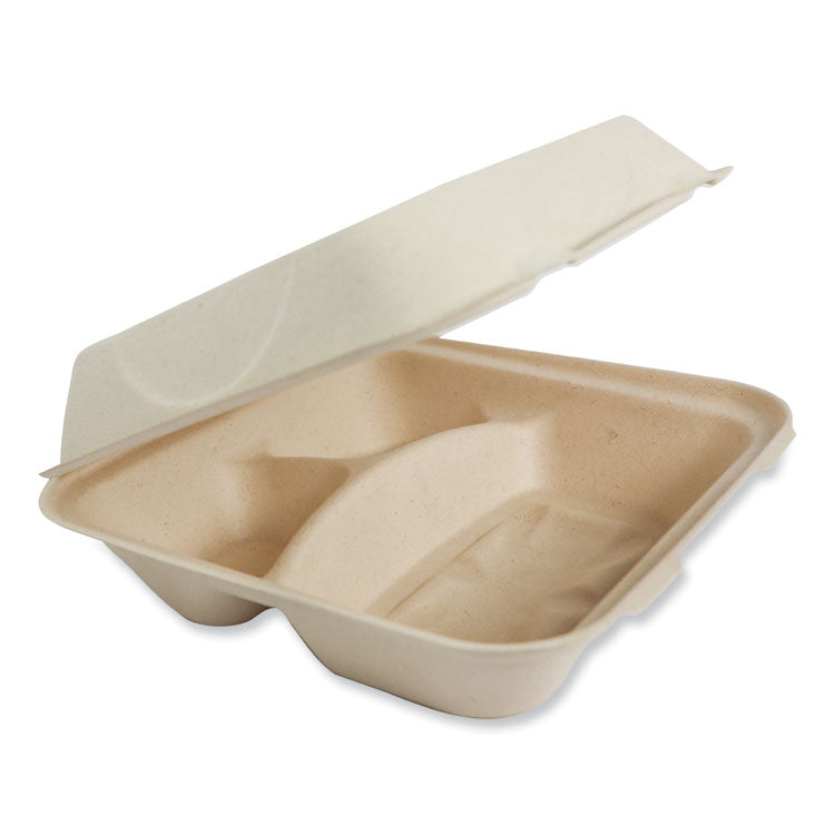 World Centric - Fiber Hinged Containers, 3-Compartment, 9.3 x 9 x 3.3, Natural, Paper, 300/Carton