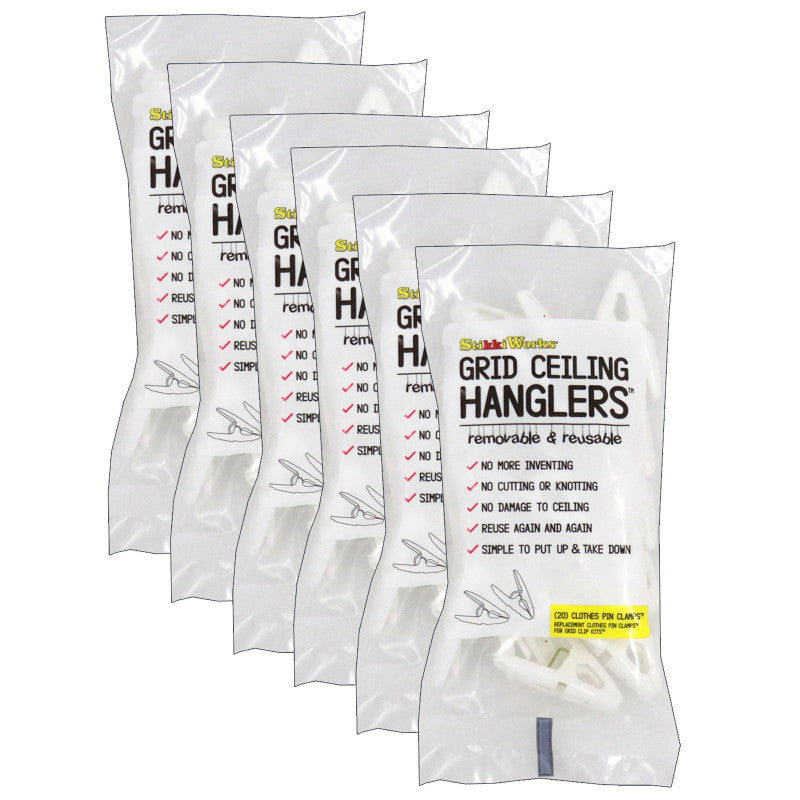 STIKKIWORKS - Grid Ceiling Hanglers™ Clothes Pin Clamps™, 20 Per Pack, 6 Packs
