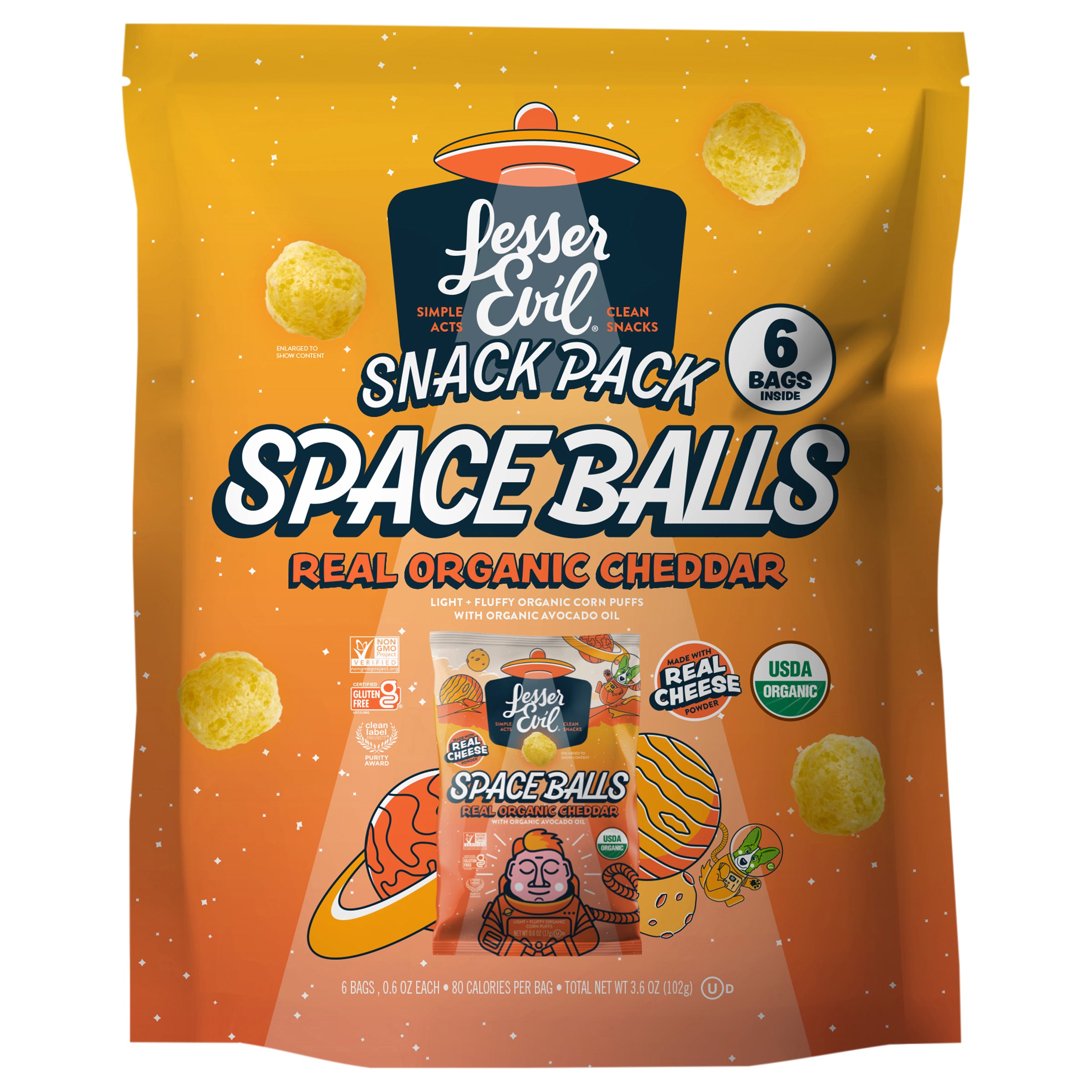 LesserEvil Space Balls, Snack Pack, Real Cheese, 6 / 0.6 oz - Case of 12