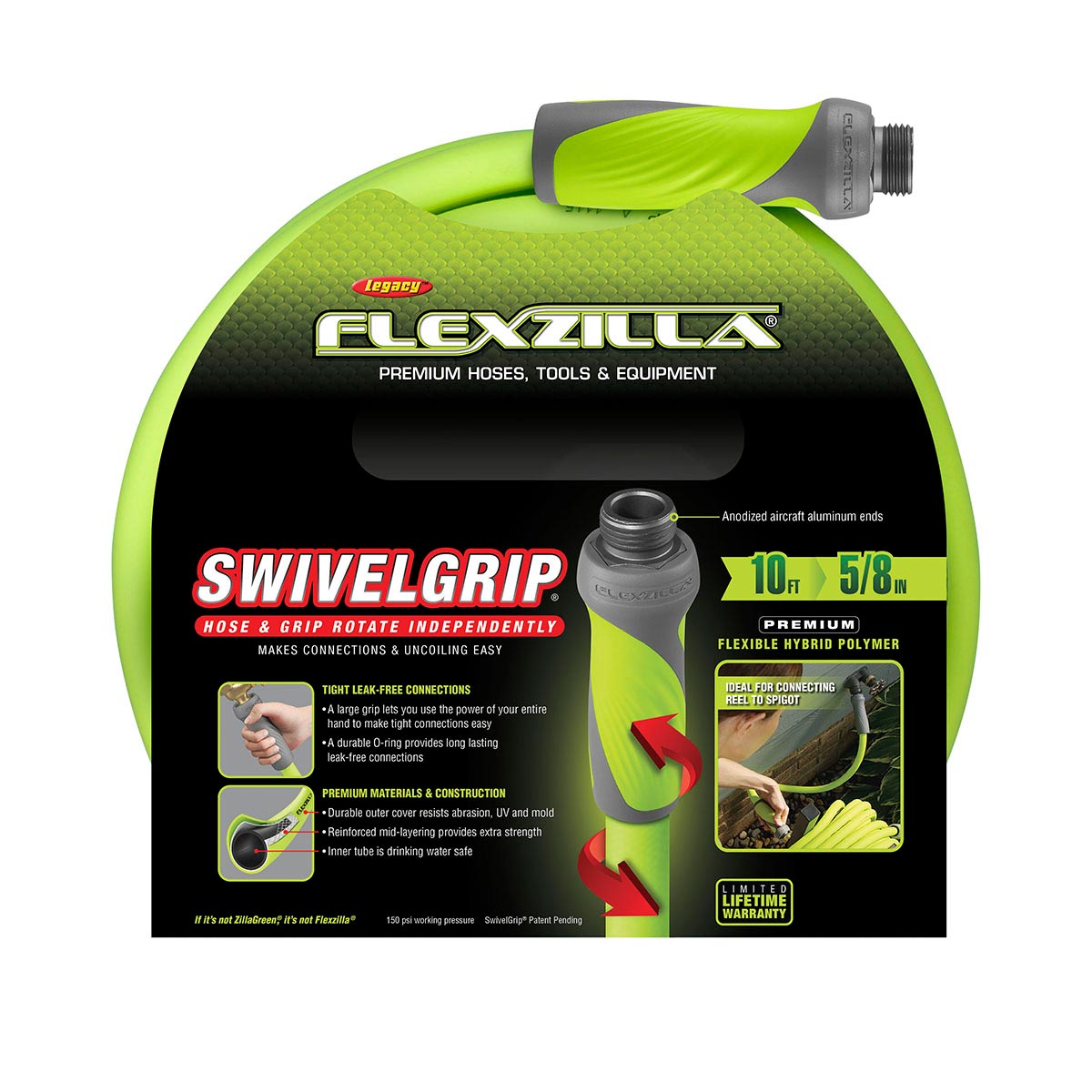 Flexzilla® SwivelGrip® Garden Lead-in Hose 5/8" x 10' 3/4" - 11 1/2 GHT Fittings ZillaGreen®