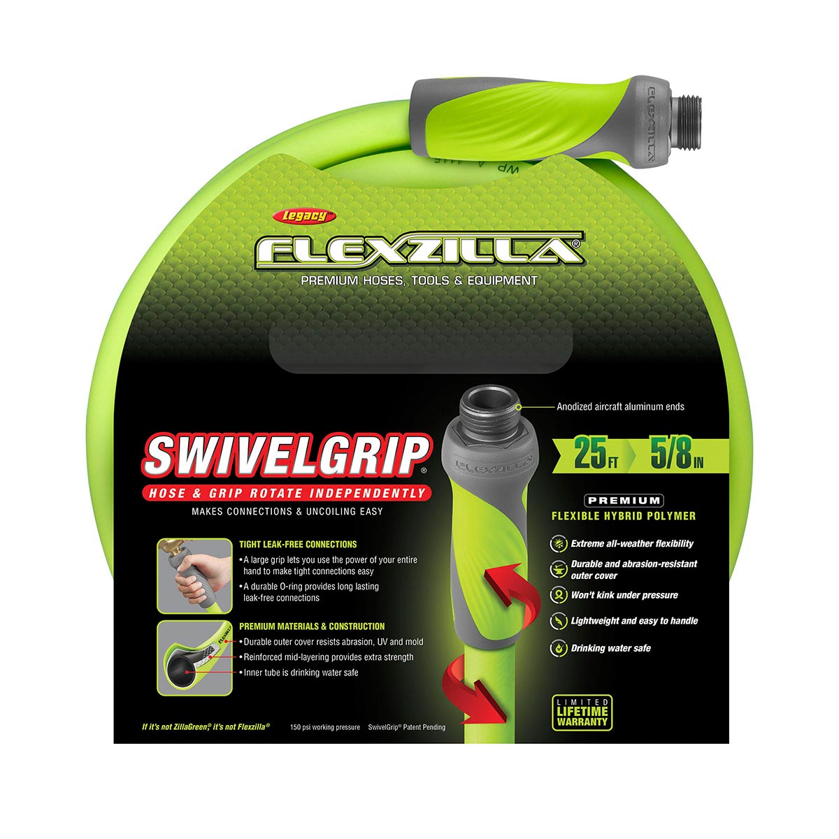 Flexzilla® SwivelGrip® Garden Hose 5/8" x 25' 3/4" - 11 1/2 GHT Fittings ZillaGreen®