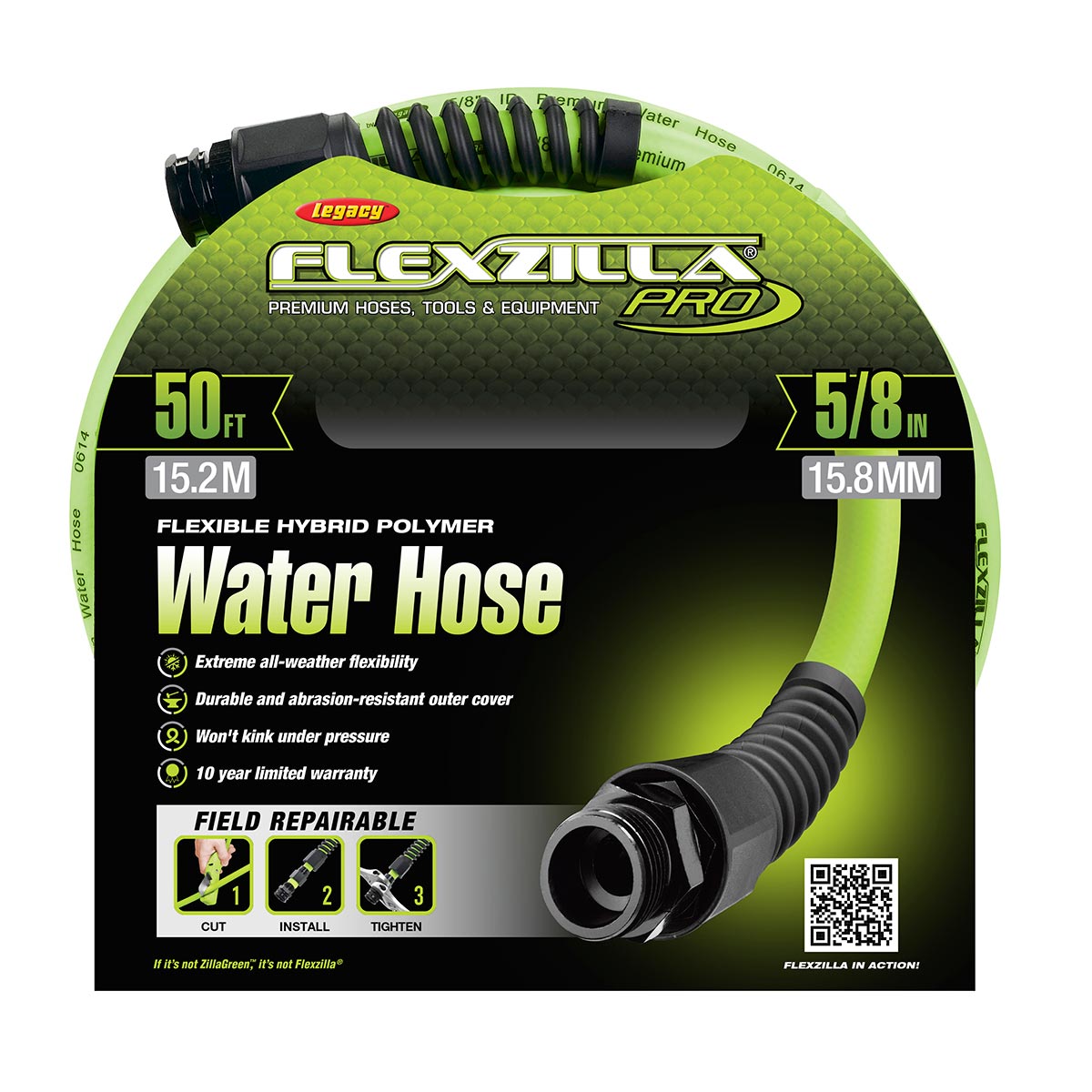 Flexzilla® Pro Water Hose 5/8" x 50' 3/4" - 11 1/2 GHT Fittings ZillaGreen®