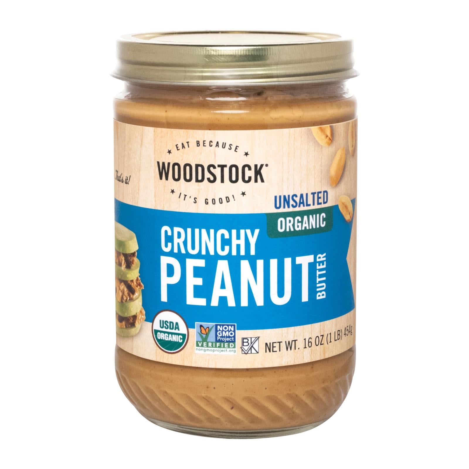 Woodstock Organic Peanut Butter - Crunchy - Unsalted - Case of 12 - 16 oz.